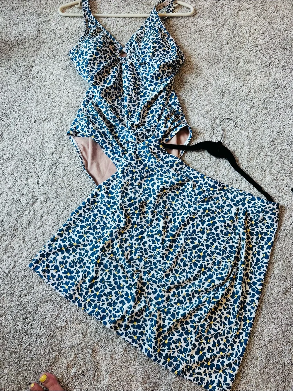Susan Graver Blue and White Leaf-Print Swim One-Piece with matching Skirt